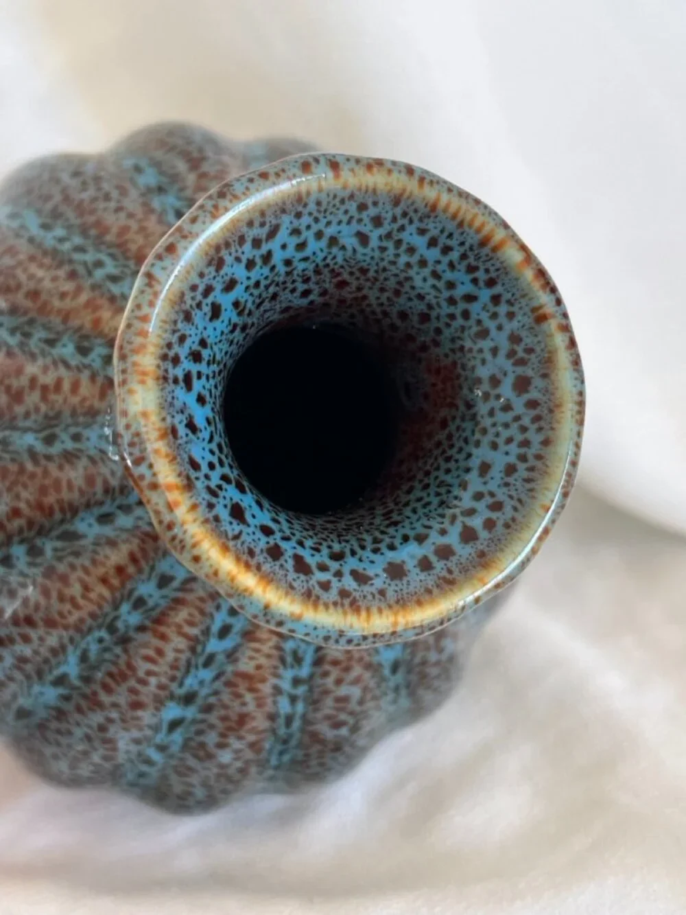 Vintage Studio Pottery Blue Brown Speckled Glaze Ribbed Bud Vase